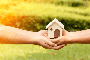 Small wooden house being held up by two people